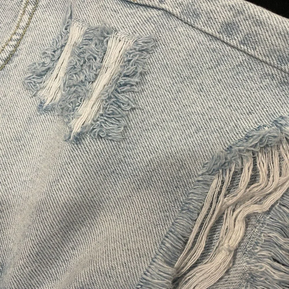 ~ NEW PacSun 27 Denim Festival Shorts Boho Acid Wash Rip Button High Waist Blue